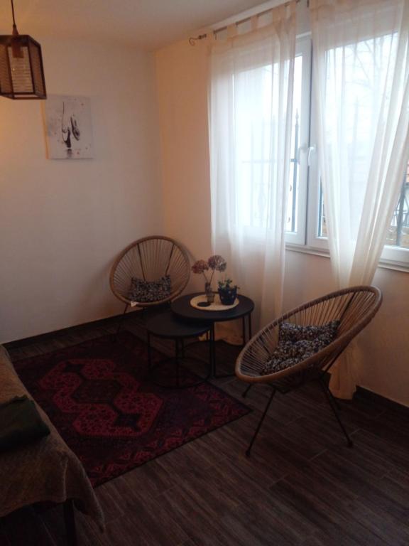 sala de estar con 2 sillas, mesa y ventana en Apartman Nej&Se Ravne, en Visoko
