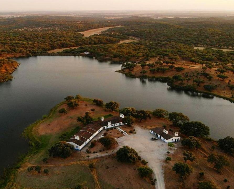 una vista aérea de una isla en un lago en Fontes - A essência do Alentejo com lago privado, en Fontes