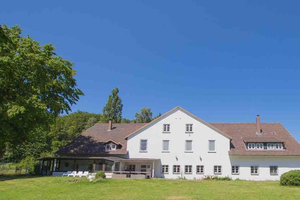 une grande maison blanche avec une grande cour dans l'établissement Landsitz Lippoldsberg, à Gewissenruh