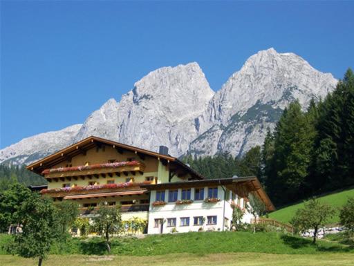 a house in a field with mountains in the background at Ferienhotel Samerhof in Pfarrwerfen