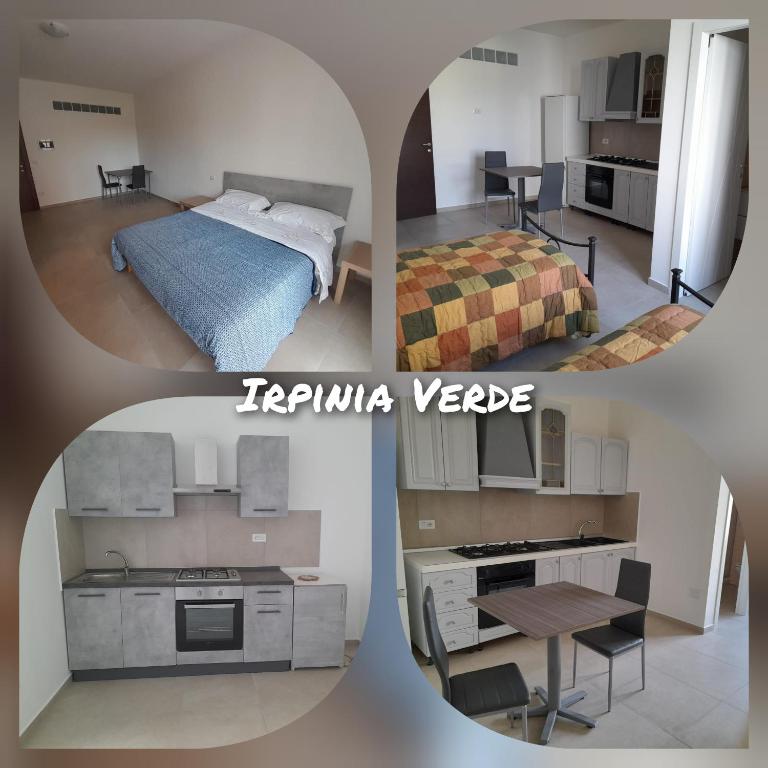 a collage of four pictures of a kitchen and a bedroom at Irpinia Verde in Mirabella Eclano