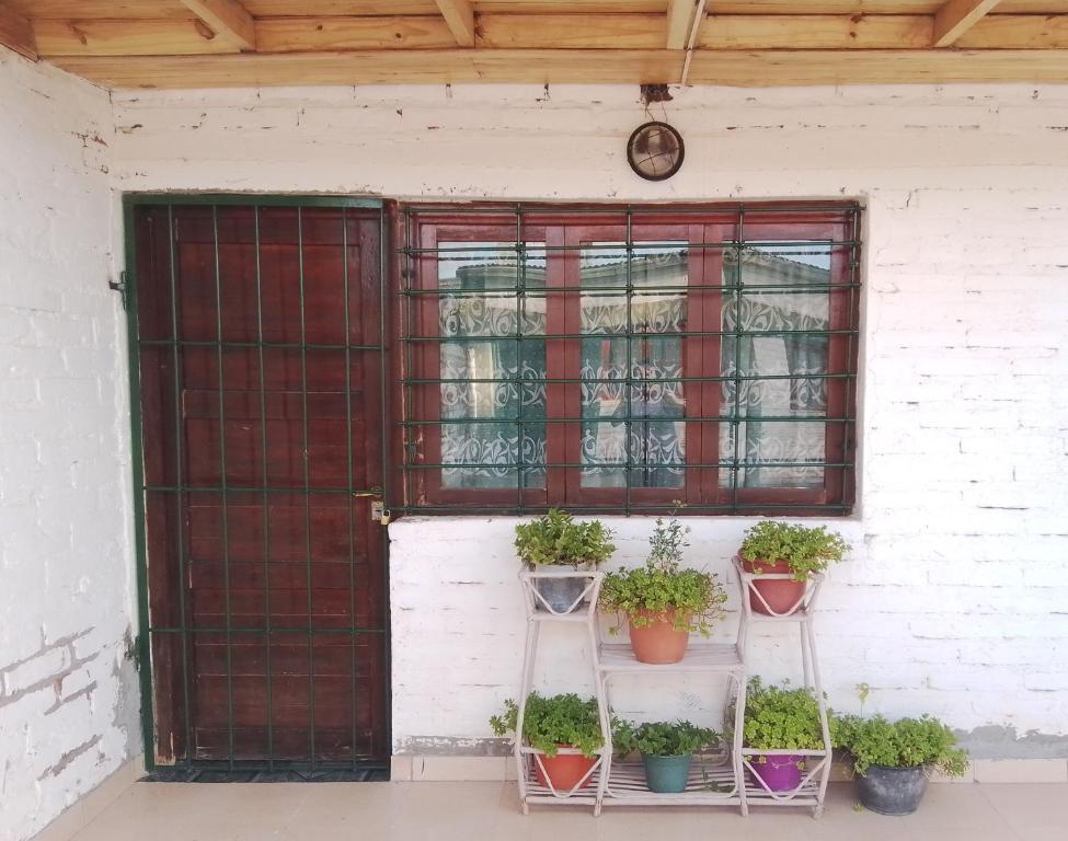 a red door with potted plants in front of it at Alquiler la nona in Malargüe