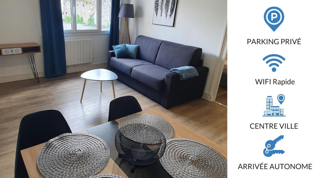 a living room with a couch and a table at Beau T2 en centre ville avec place de parking auto vélo in Blois