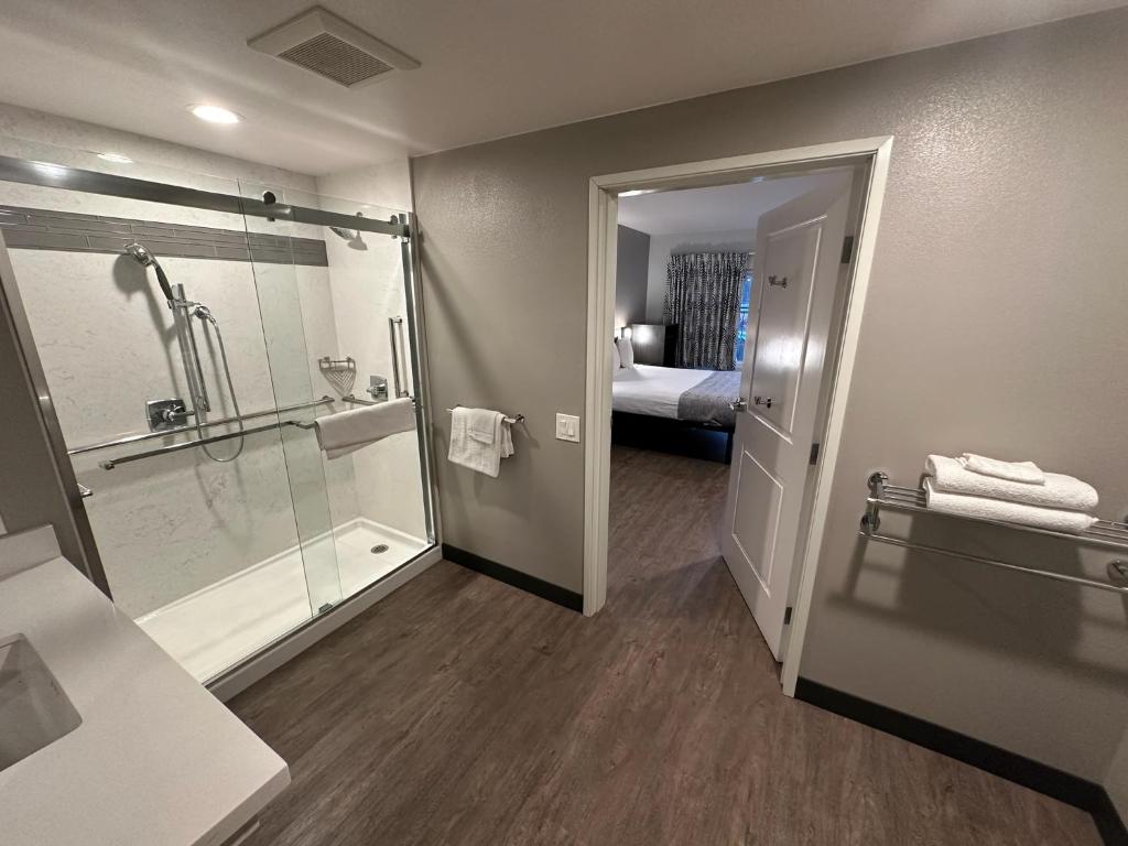 a bathroom with a shower and a bathroom with a bed at Hotel del SOL in Corona