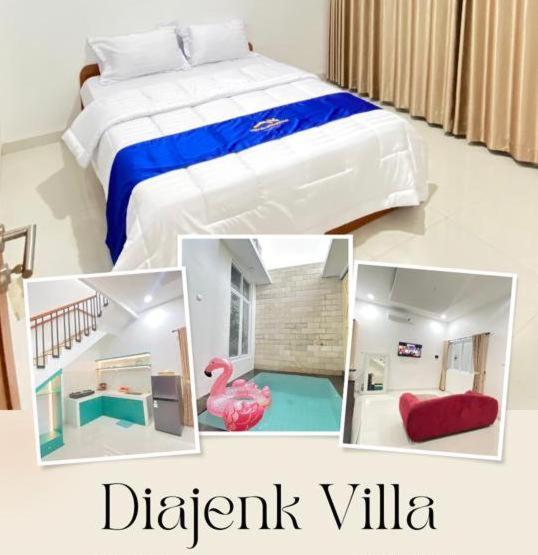 un collage de fotos de un dormitorio con una cama y un cisne rosa en Teduh Villa Diajenk en Beran-kidul