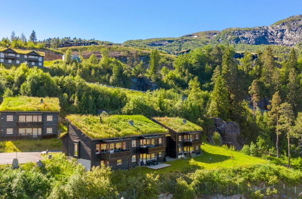 uma vista aérea de uma casa com um telhado verde em Voss Resort - 2br vacation apartment em Skulestadmo