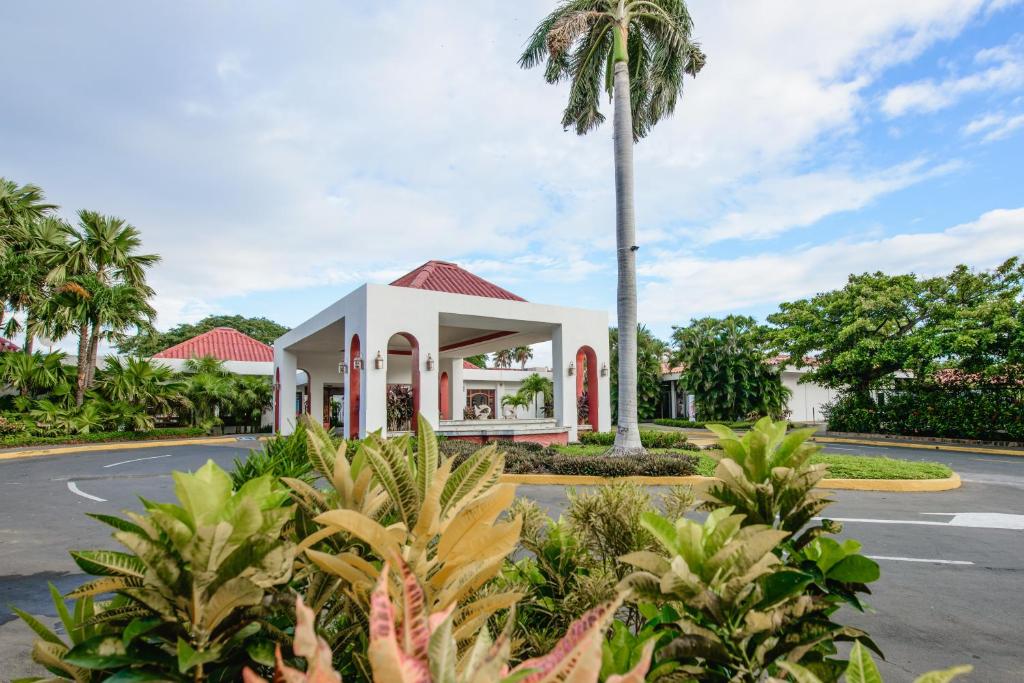 a house with a palm tree in the middle of a street at Hotel Globales Camino Real Managua in Managua