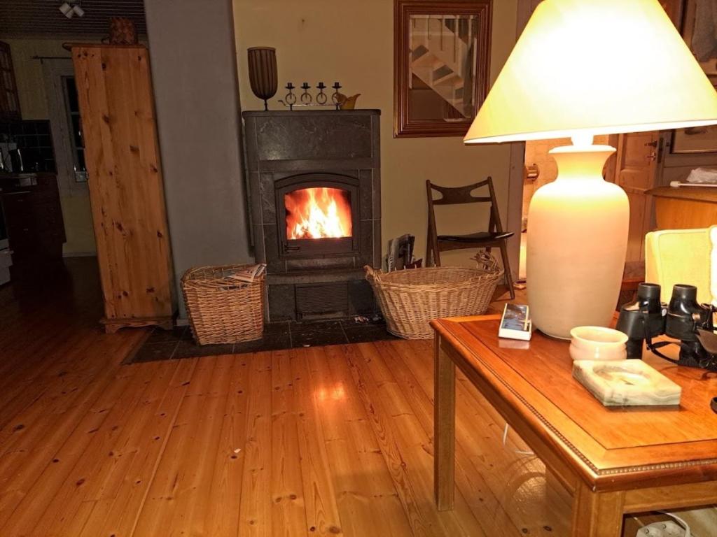 a living room with a fireplace and a table with a lamp at Trevlig hus i Polcirkelbyn in Juoksengi