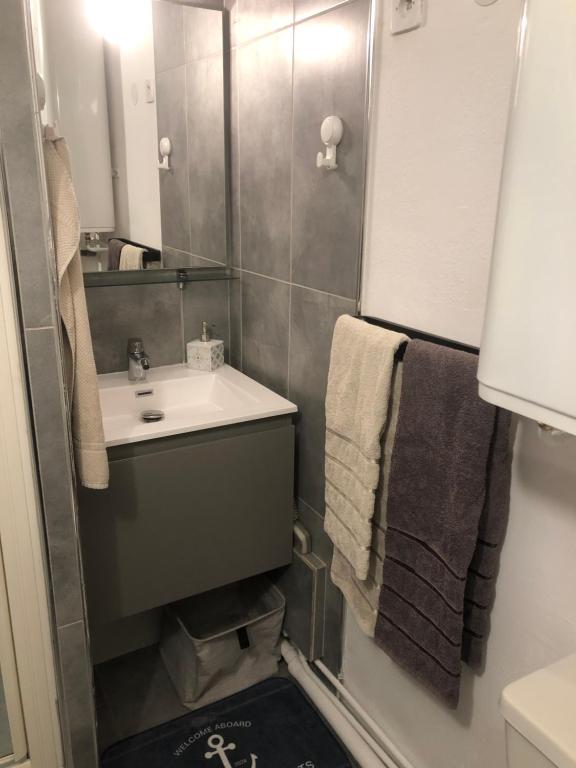 ein Badezimmer mit einem Waschbecken, einem Spiegel und Handtüchern in der Unterkunft Le Clapotis des Flots in Villers-sur-Mer
