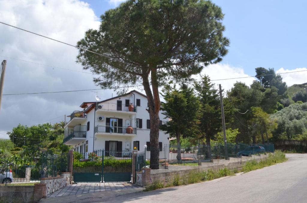 une maison blanche avec un arbre en face dans l'établissement Il Mare in Mansarda, à Agropoli