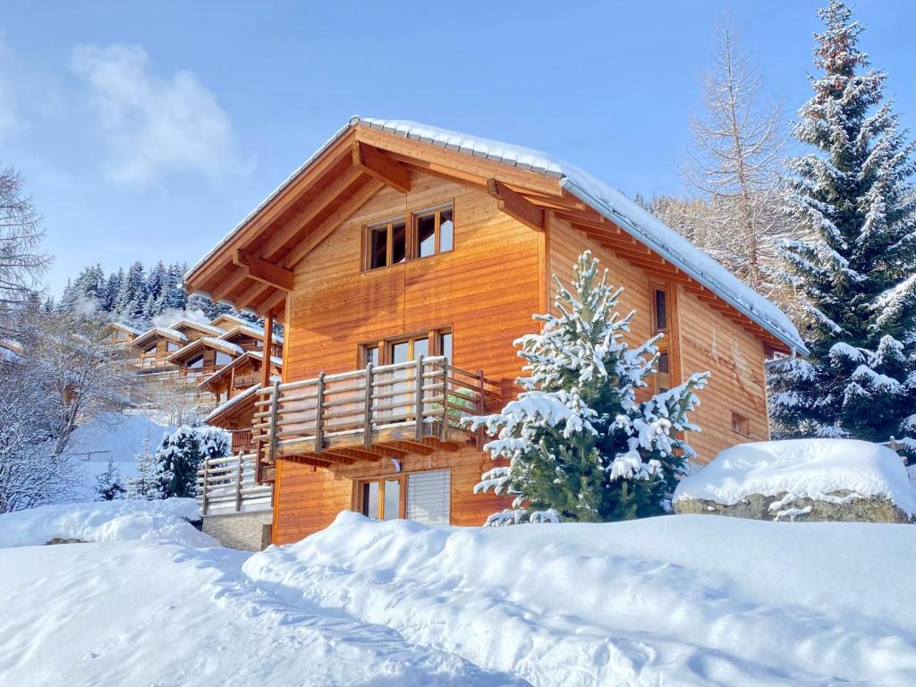 ein Blockhaus im Winter mit Schnee auf dem Boden in der Unterkunft La Pourvoirie - 4 Vallées - Thyon-Les Collons, 10 personnes, pistes de ski à 200m, magnifique vue in Hérémence
