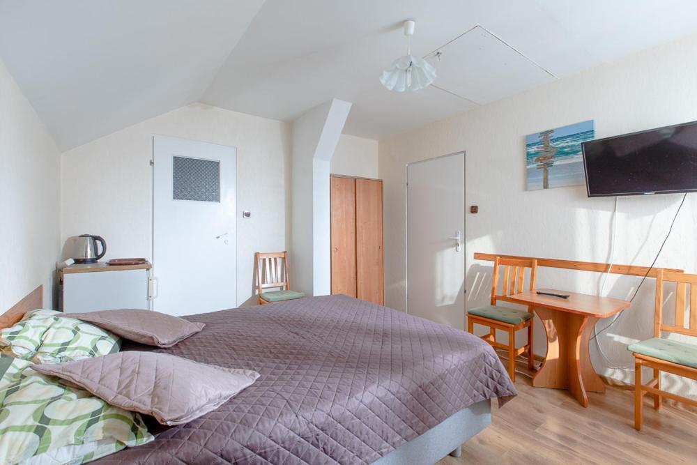 a bedroom with a bed and a desk and a television at Willa Bryza in Niechorze