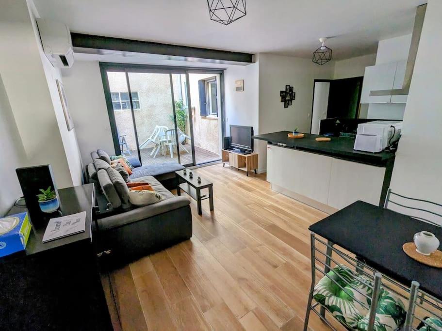 un salon avec un canapé et une cuisine dans l'établissement Bel appartement Mauguio, à Mauguio