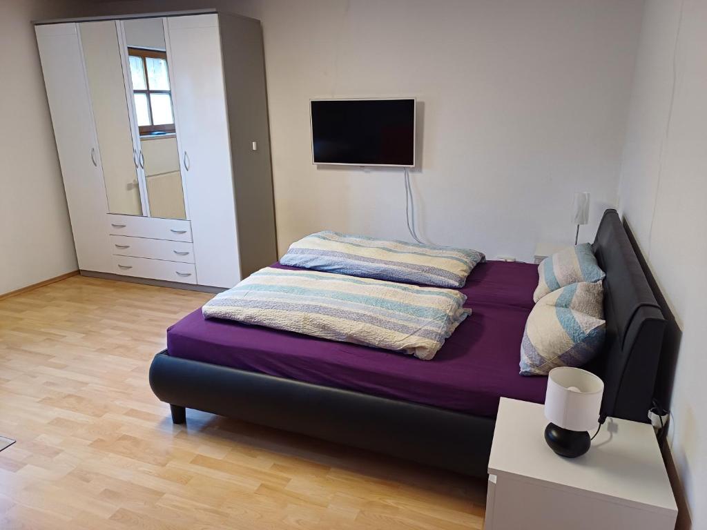 a bedroom with a bed and a tv on the wall at Wohnung in Medlitz in Rattelsdorf