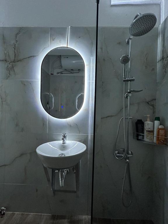 a bathroom with a sink and a shower with a mirror at George Apartment in Lamía