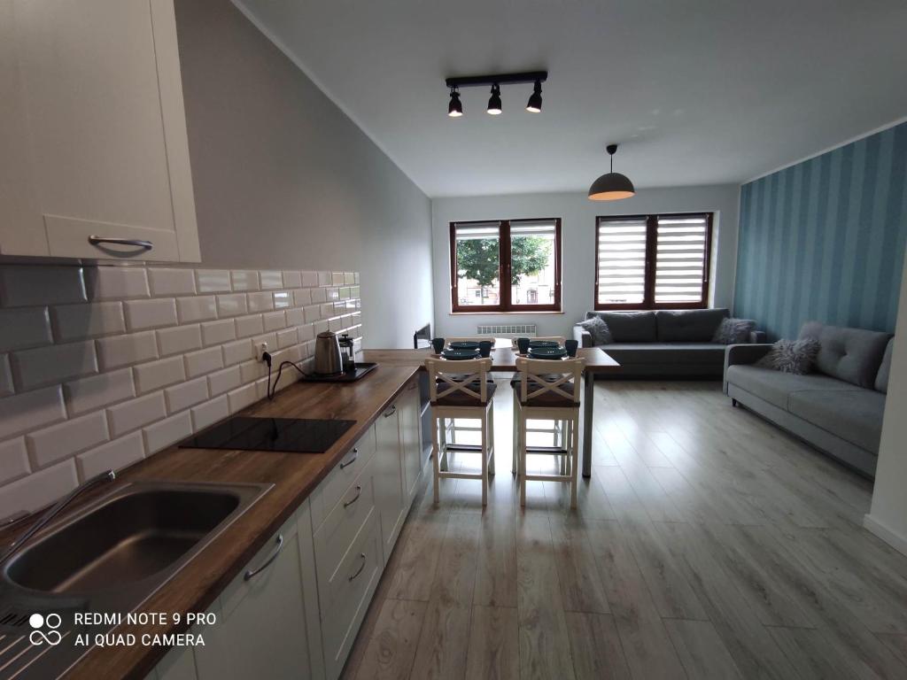 eine Küche und ein Wohnzimmer mit einem Sofa und einem Tisch in der Unterkunft Apartament Przy Latarni in Krynica Morska