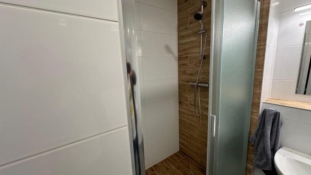 a bathroom with a shower and a sink at Hotel Hangar in Mošnov