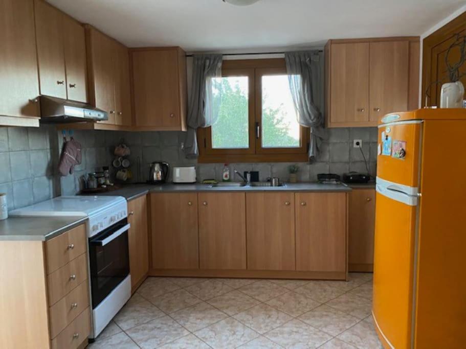 a kitchen with wooden cabinets and a yellow refrigerator at Mike's Place in Raches