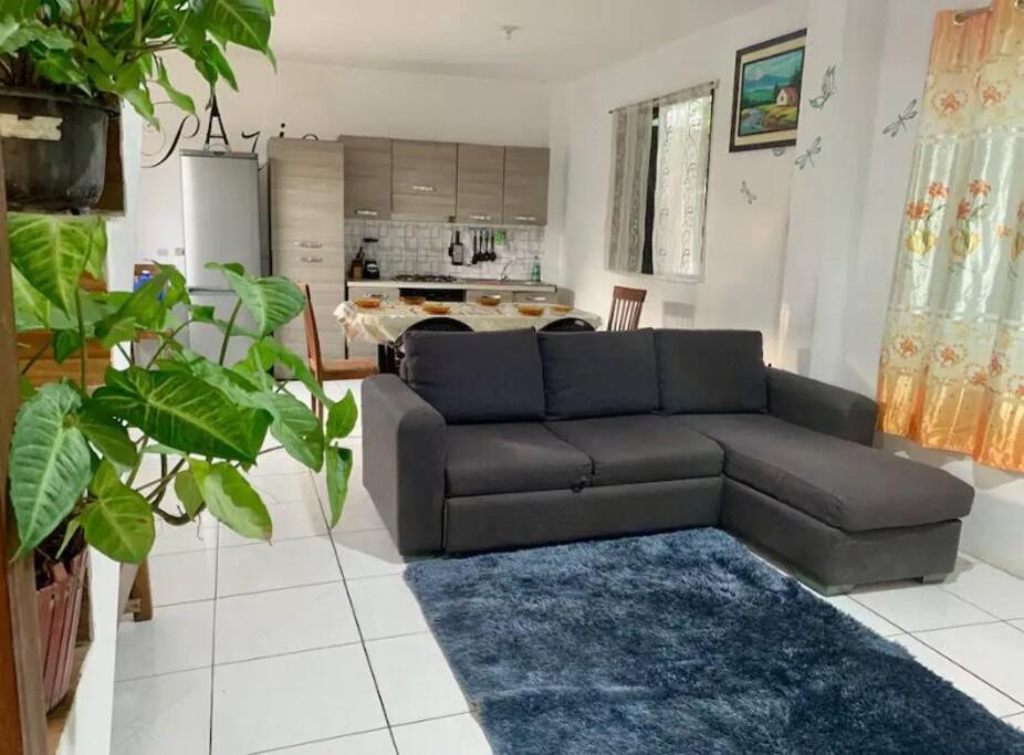 a living room with a couch and a kitchen at Casa París “Tropical” in Montañita