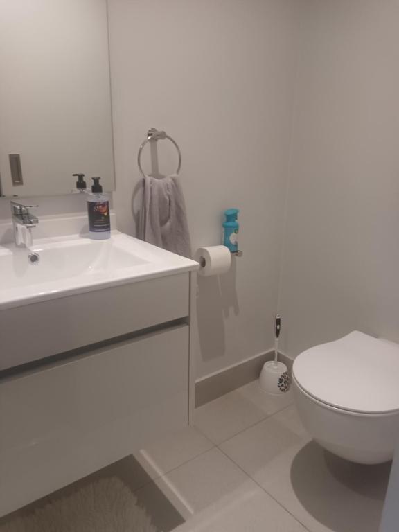Baño blanco con aseo y lavamanos en Ellipse Apartment, Lush Hideaway, en Midrand