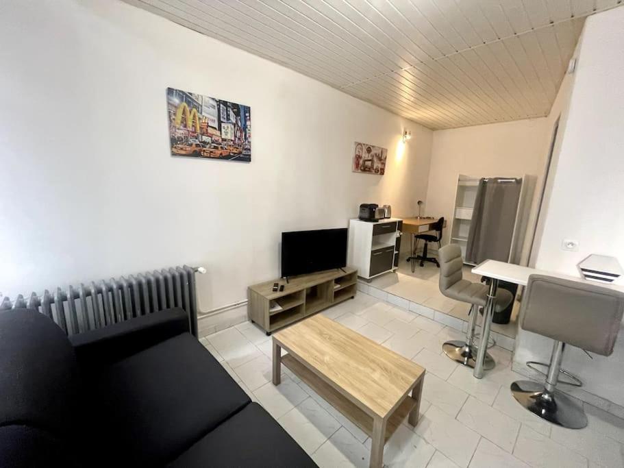 a living room with a couch and a television at Studio confortable dans le centre de Douai in Douai