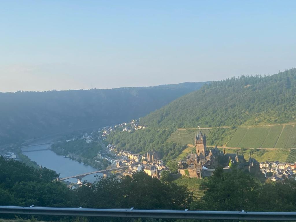 a castle on a hill next to a body of water at Pension mit Moselblick in Klotten