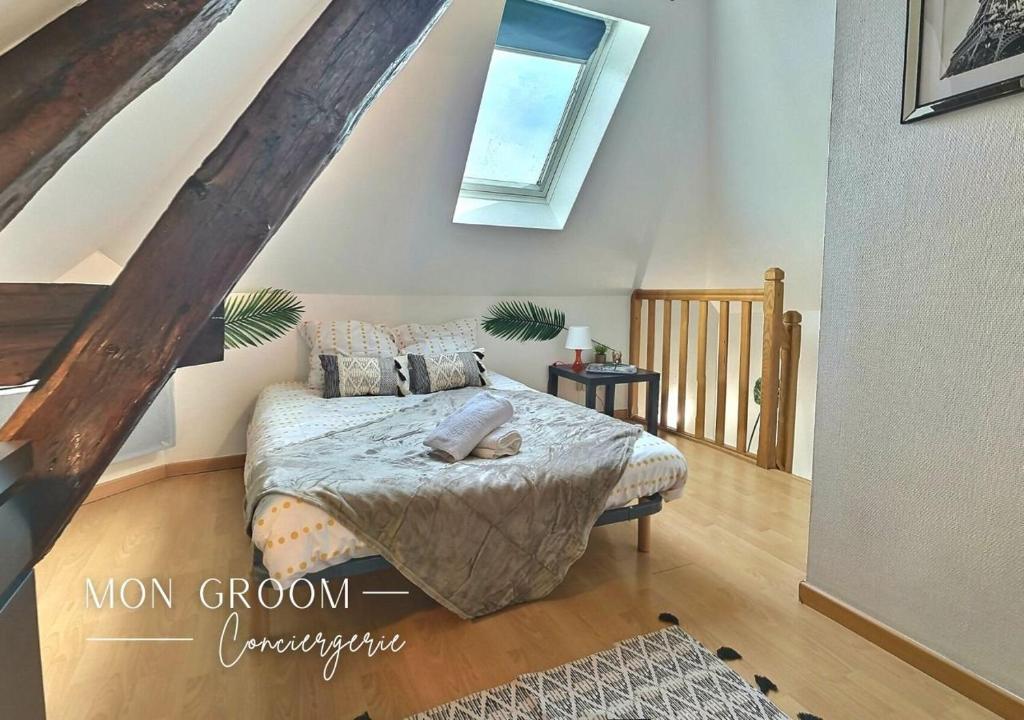 um quarto com uma cama e uma clarabóia em Travel - Near fairs and city center - Mon Groom em Troyes
