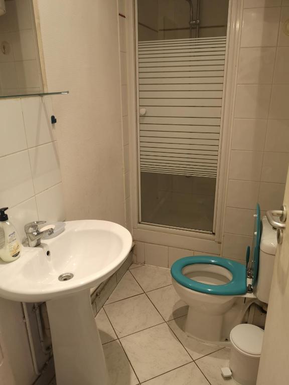 La salle de bains est pourvue de toilettes, d'un lavabo et de toilettes. dans l'établissement Parfait pour un voyageur solitaire., à Montreuil