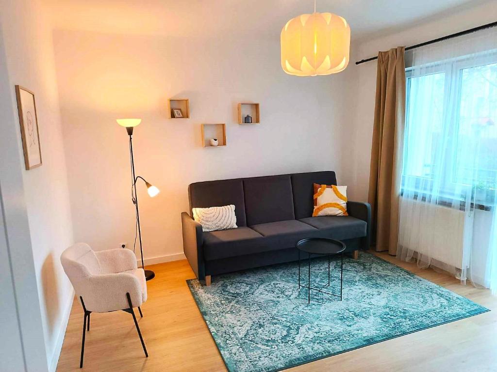 a living room with a black couch and a chair at Comfort apartment in Warsaw