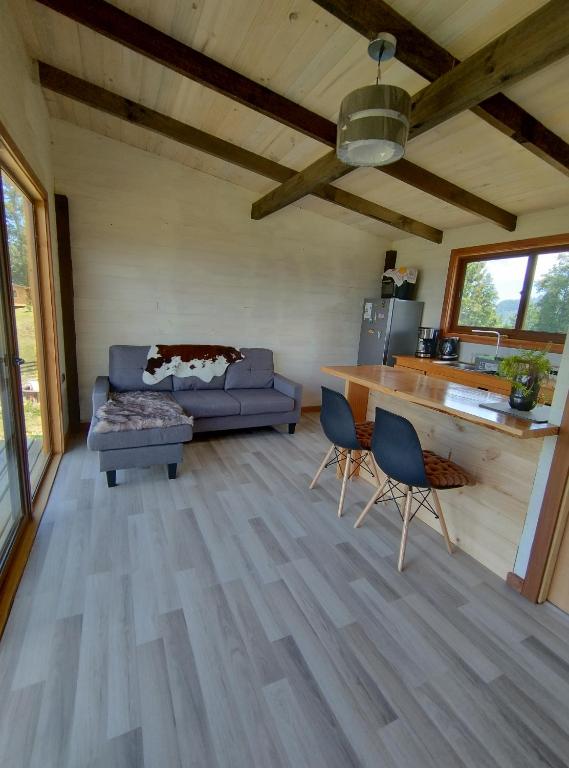 uma sala de estar com um sofá e uma mesa em tiny house comuy em Ranco