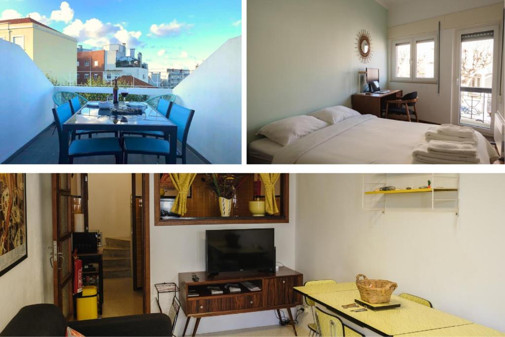 two pictures of a room with a bed and a television at Casa da Fonte - Vintage House and Rooftop in Figueira da Foz