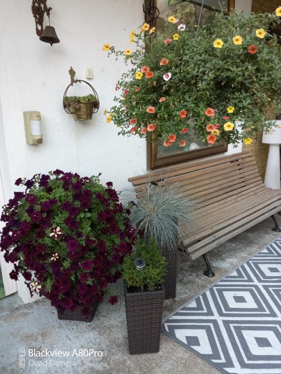 a bench sitting next to a wall with flowers at Chambre Bounty cuisine privée, salle d&#39;eau, terrasse, garage in Olliergues