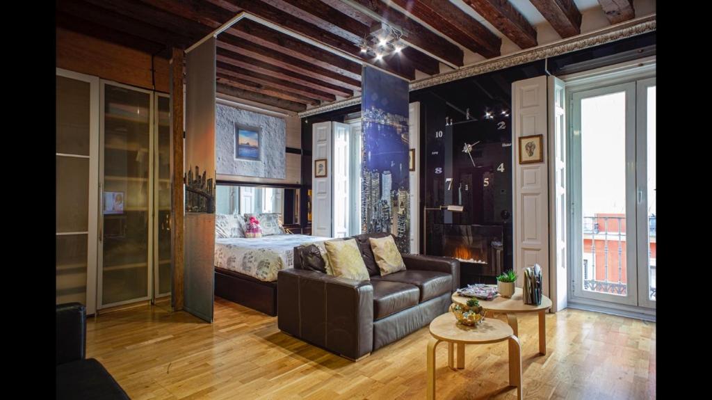 uma sala de estar com um sofá e uma cama em Apartamento MADRID CENTRO GRAN VIA - CALLAO em Madri