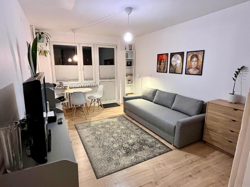 a living room with a couch and a table at Apartament Oliwski Las in Gdańsk