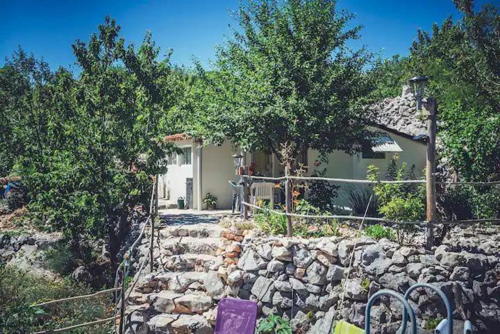 a house with a stone fence and a stone wall at Robinson Haus Ivan No Electricity in Makarska