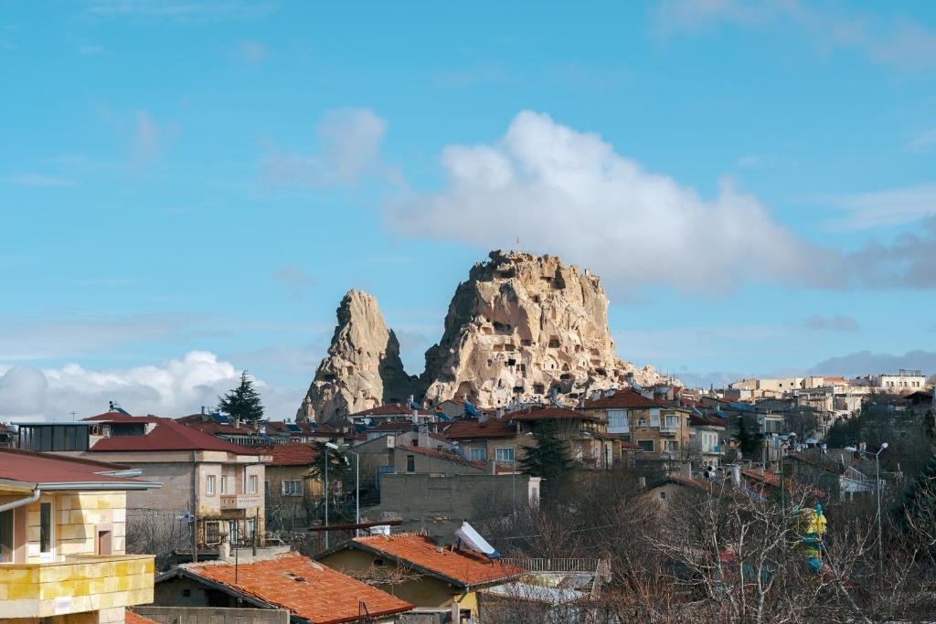 uma vista para uma cidade com montanhas ao fundo em Cappadocıa Tuğhan Stone House em Nevşehir