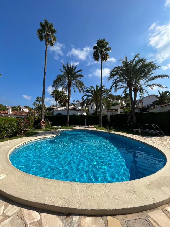 a large blue pool with palm trees in the background at Bungalow en Denia in Denia