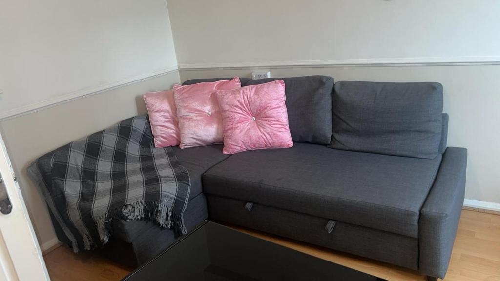 a gray couch with two pink pillows on it at 24 Kingsley gardens in Chingford