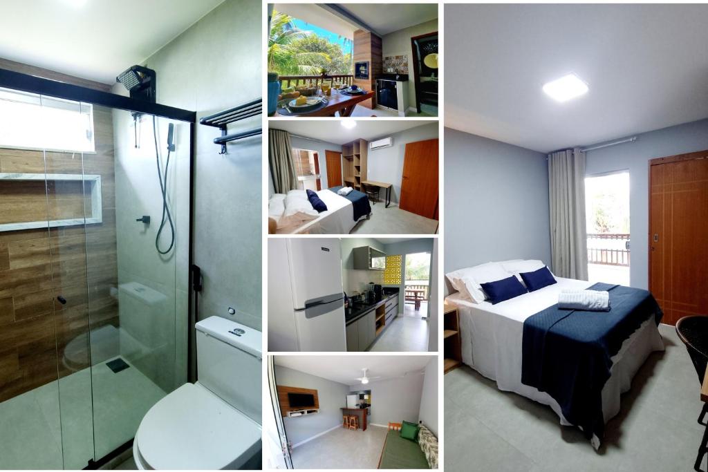 uma colagem de fotografias de um quarto e uma casa de banho em Apê Varanda Gourmet Wi-fi 300mbs Garagem Arcondiconado Cozinha completa Streaming em Mata de Sao Joao