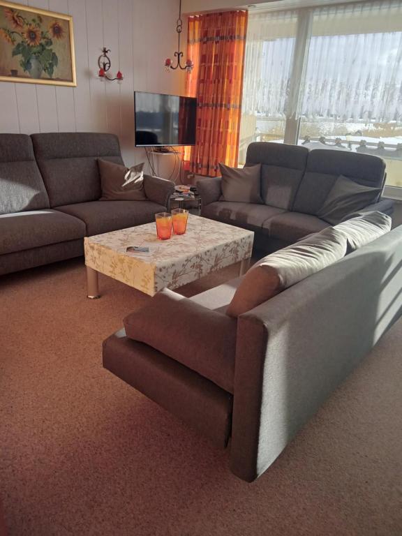 un soggiorno con divani e un tavolino da caffè di Wohnung 416, Am Kurpark 3, 38700 Braunlage a Braunlage