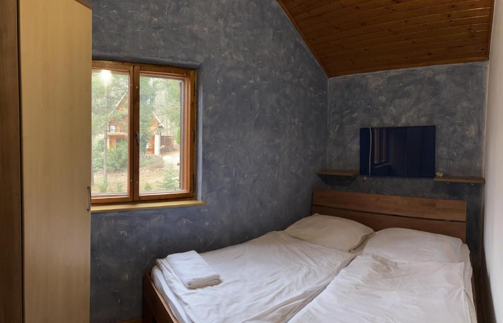 a bedroom with a bed with a window and a television at Chata Janik DUCHONKA in Duchonka
