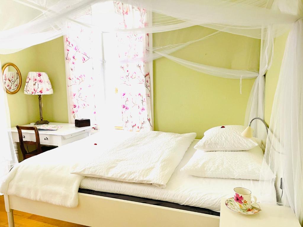 um quarto com uma cama de dossel branca e uma janela em Villa28 Self-Check- in em Aarau