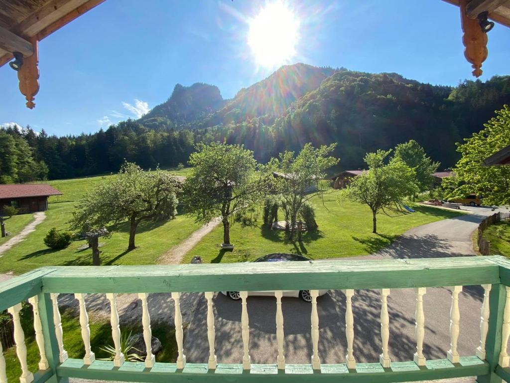 a view of a mountain from a porch at Beim Waicher Chalets & Suiten zwischen Salzburg und Chiemsee in Ruhpolding