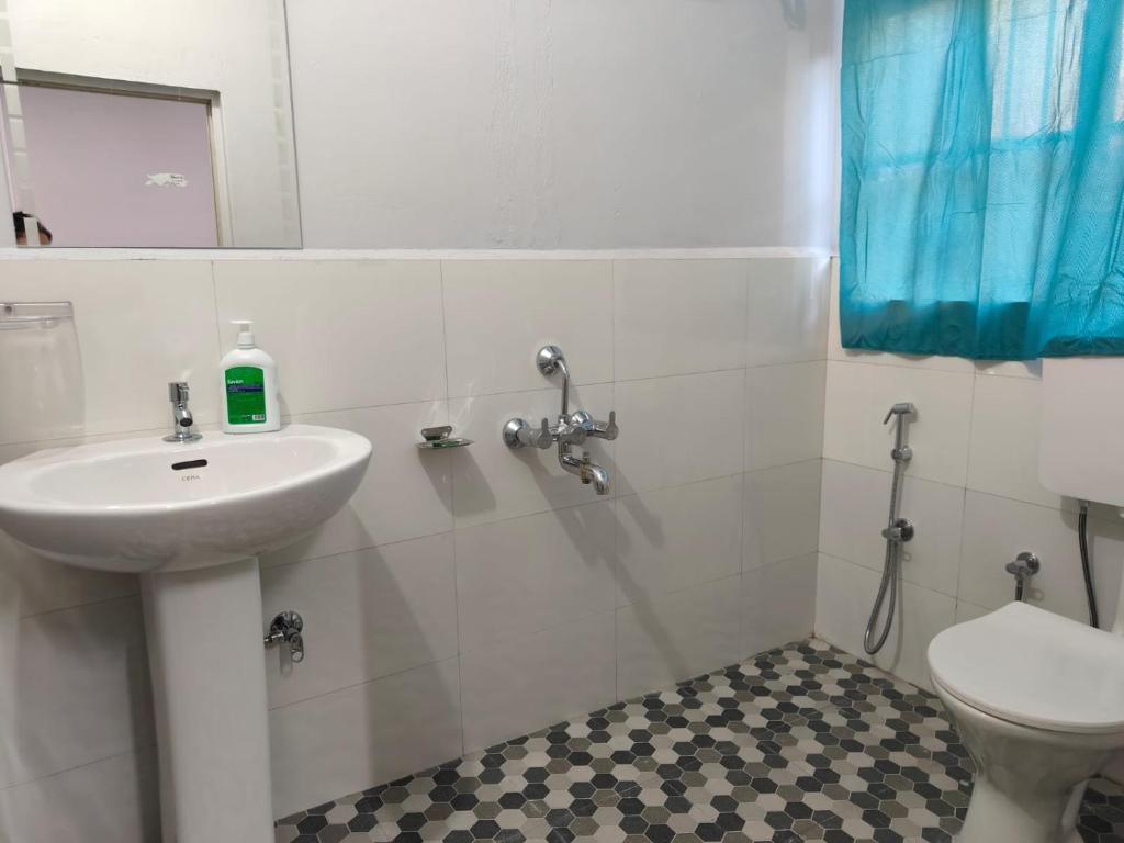 a bathroom with a sink and a toilet and a mirror at HeiJo's Homestay in Jowai