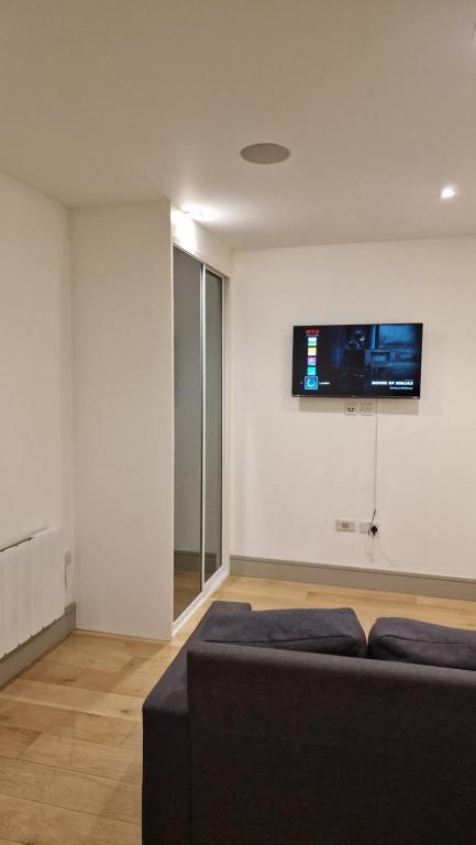 a living room with a couch and a tv on the wall at London Tottenham Stadium Apartment in London