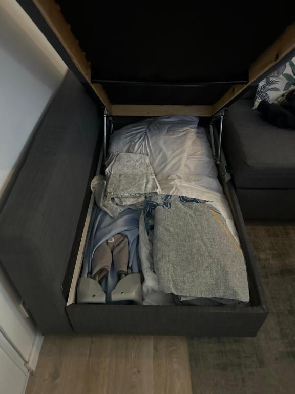 una caja con zapatos y una manta y un sofá en Appartement T2 -Parking -35Min Paris RER 2Min à Pied, en Évry-les-Châteaux