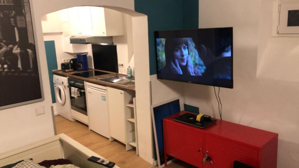 a living room with a tv on a wall at 1-Zimmer Gartenwohnung in Speyer in Speyer
