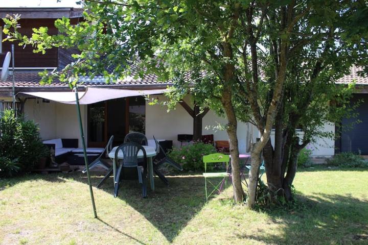 um quintal com uma mesa e cadeiras debaixo de uma árvore em MAISON LACS & OCEAN em Sainte-Eulalie-en-Born