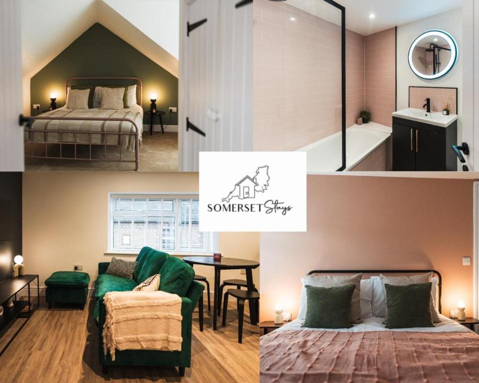 een collage van foto's van een slaapkamer met een bed en een badkamer bij Feature Stone, Stunning Apartment, 2 x King Beds and Single, Sleeps 5 in Castle Cary