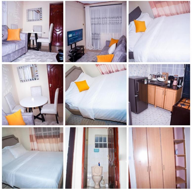 un collage de photos d'une chambre d'hôtel dans l'établissement muindi homes, à Kitui